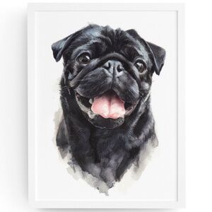 Watercolor Black Pug Dog Pet Portrait Wall Art Print Poster Unframed